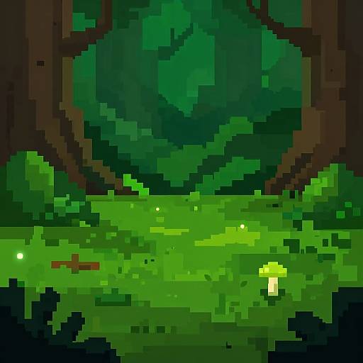 Pixel art of a dense, vibrant green forest with glowing highlights, dark brown tree trunks, and a small red twig on the ground.