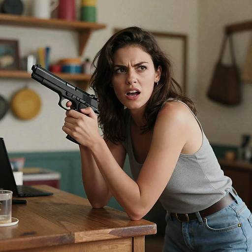 Intense Woman with Handgun in Cluttered Setting