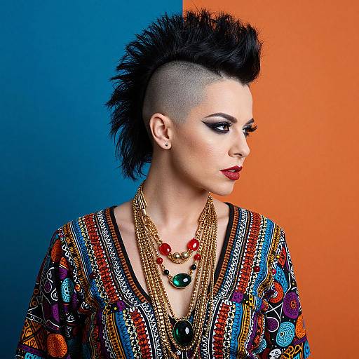 Photograph of a pale-skinned, androgynous person with a mohawk, colorful tribal top, and layered necklaces against a blue-orange