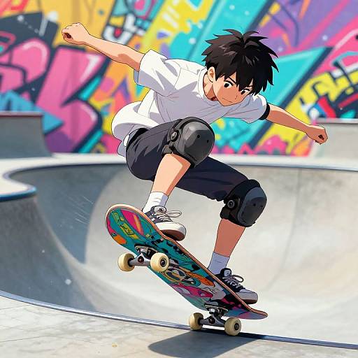 Anime-style digital illustration of a young boy with black hair, wearing a white t-shirt, black knee pads, and black pants, skateboarding in a