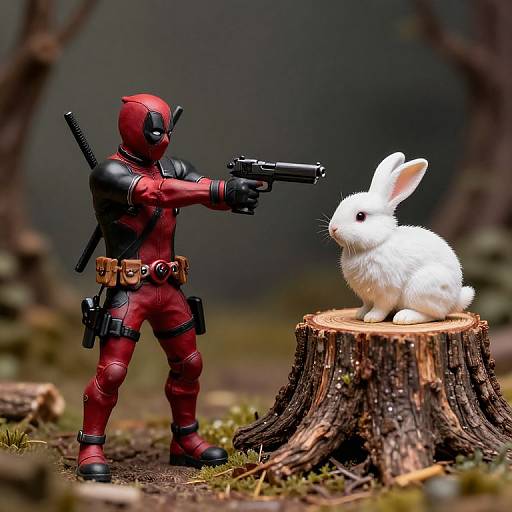 Photograph of a red-cloaked, black-masked action figure aiming a gun at a white bunny on a tree stump in a forest.