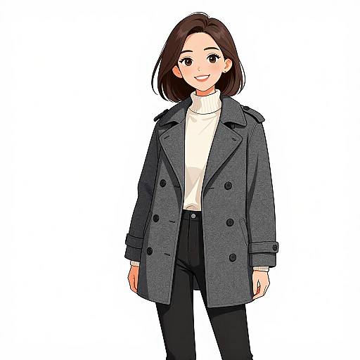 Anime-style digital drawing of a smiling woman with short brown hair, wearing a gray coat, white turtleneck, and black pants.