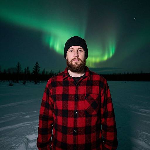Photograph of bearded man with red and black plaid shirt, black beanie, standing in snowy landscape under vibrant green aurora borealis.