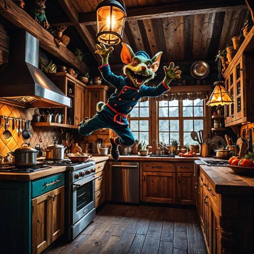 Kobold Chef Jumping in Rustic Mountain Cabin Kitchen