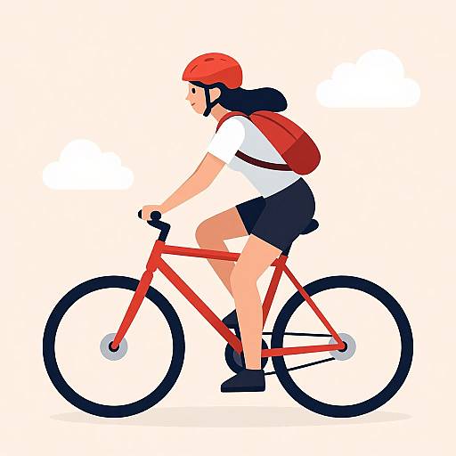 Digital illustration of a girl with long black hair, red helmet, white shirt, black shorts, red backpack, riding a red bicycle.