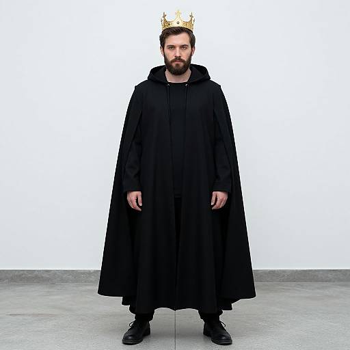 Photograph of a bearded man with a black cloak and crown, standing against a white background, wearing black shoes.
