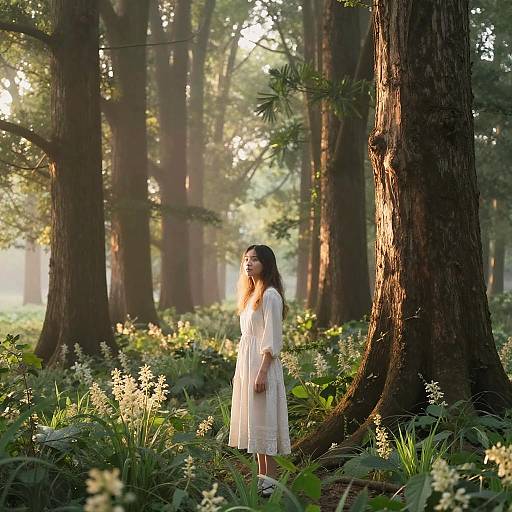 Photograph of a young Asian woman in a white dress standing in a sunlit forest, surrounded by tall trees and lush greenery with sunlight filtering through