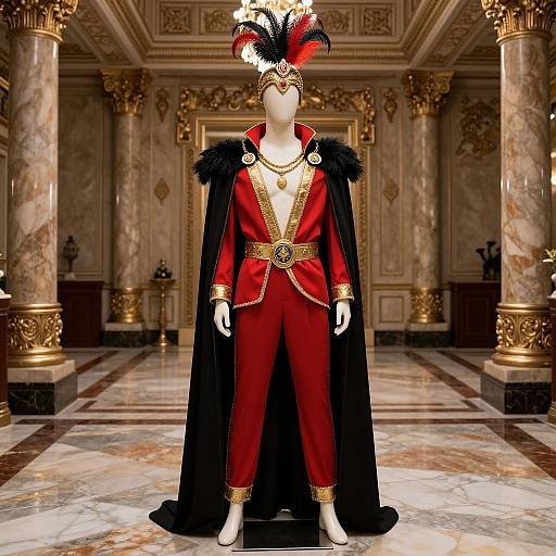 Baroque-style mannequin in red velvet pants, black fur-trimmed red robe, gold accents, white boots, and a black and red