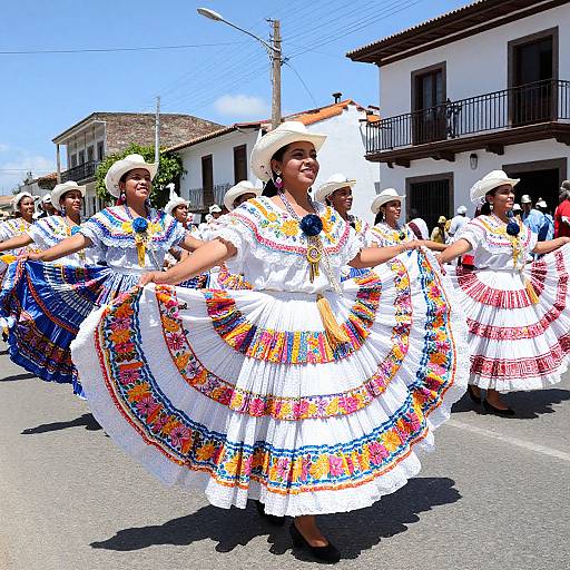 Photograph of smiling Mexican women in colorful, embroidered traditional dresses and white hats, dancing in a sunny street parade.