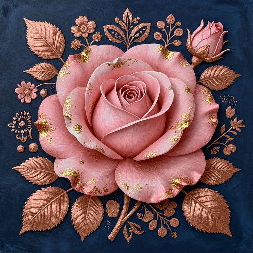 Digital illustration of a pink rose with gold accents, surrounded by copper leaves and small flowers, set against a dark blue background.