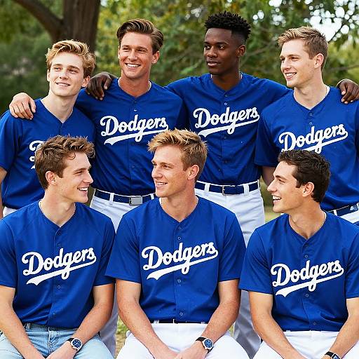 Photograph of six smiling young men, diverse in ethnicity, wearing blue Dodgers jerseys and white pants, standing and sitting outdoors.