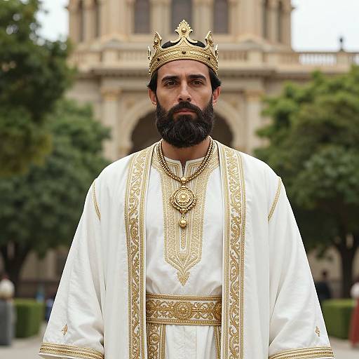Photograph of a bearded man with dark skin, wearing a gold crown, white and gold ornate robe, standing in front of a cathedral with