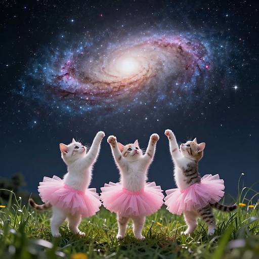 Photograph of three adorable kittens in pink tutus, standing on grass, raising paws towards a glowing spiral galaxy in a starry night sky.