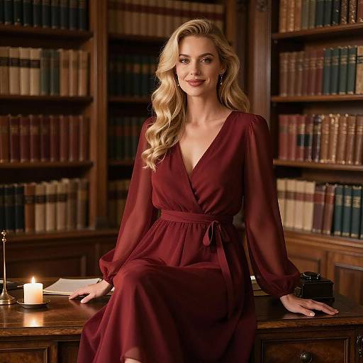 Photograph of a blonde woman with wavy hair, wearing a deep red, V-neck, long-sleeve dress, sitting in a dimly