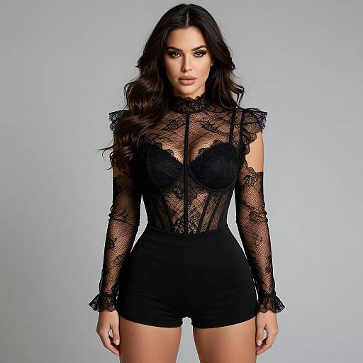 Photograph of a woman with long dark hair, wearing a black lace long-sleeve top with ruffles and black high-waisted shorts,