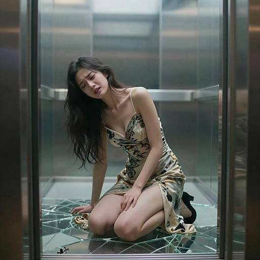 Woman Kneeling in Broken Glass Elevator