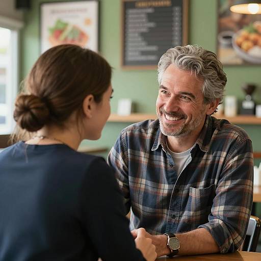 Couple Smiling and Talking in Cafe