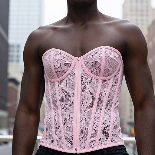 Photograph of a muscular, dark-skinned person wearing a pink, lace, strapless corset with intricate floral patterns, standing outdoors in an urban
