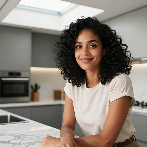Photograph of a smiling, curly-haired woman with medium brown skin, wearing a white t-shirt, in a modern, well-lit kitchen.