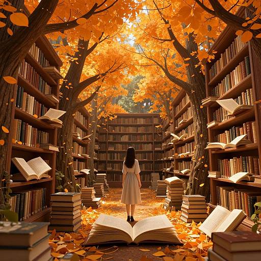 Digital art: Anime-style girl in white dress stands amidst autumn leaves, surrounded by open books and bookshelves, under vibrant orange trees.