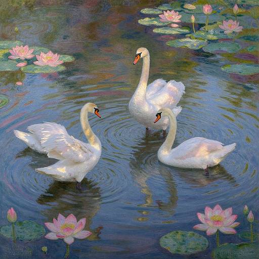 Three white swans with orange beaks swim gracefully in a serene pond adorned with pink lotus flowers and green lily pads. Photorealistic painting