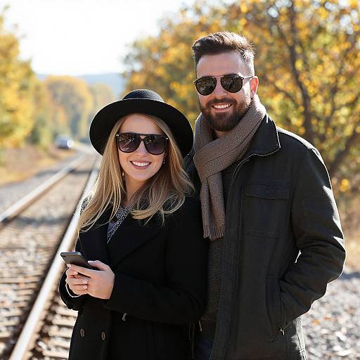 Photograph of smiling, stylish couple with sunglasses, black hats, and scarves, standing on sunlit autumn railway, she holds phone.