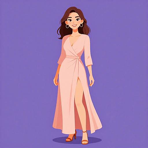 Digital illustration of a smiling woman with long brown hair, wearing a pink, wrap-style dress with a high slit, and orange sandals, standing against a