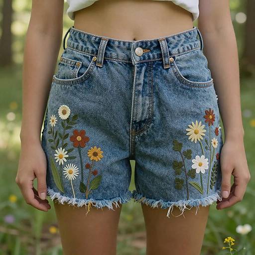 Photograph of a woman's midriff and denim shorts with frayed edges, adorned with hand-painted daisies and wildflowers, standing
