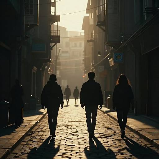 Silhouetted photograph of four people walking down a sunlit, narrow, cobblestone alley at sunset, with shadows elongating on the ground
