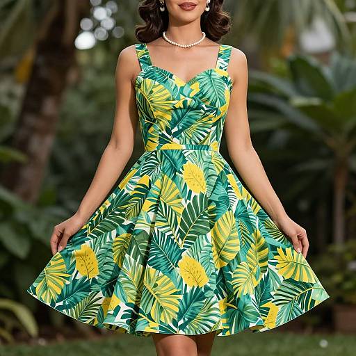 Photograph of a woman in a vibrant, tropical floral dress with yellow and green leaves, pearl necklace, standing in a lush garden.