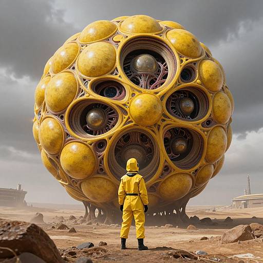 Photorealistic CGI: A scientist in a yellow hazmat suit faces a massive, yellow, multi-eyed spherical creature with organic textures, under a cloudy