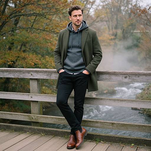 Photograph of a bearded man in a green coat, gray hoodie, black pants, and brown shoes, leaning on a wooden bridge with a mist