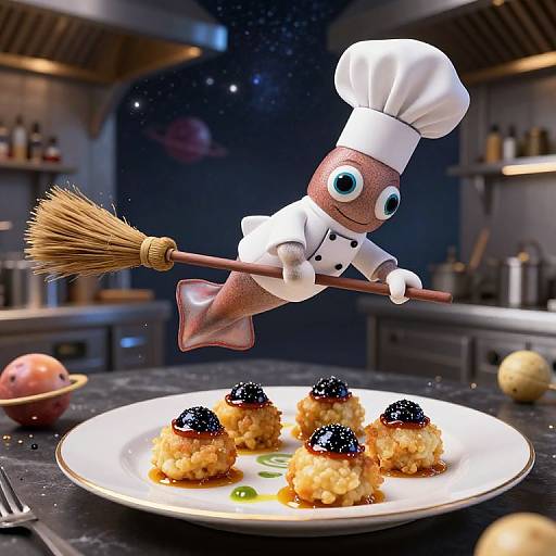 CGI cartoon chef with large eyes and brown skin, wearing a white hat and uniform, flying on a broomstick above a plate of berry-t