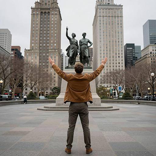 Man in Brown Jacket on Stone Plaza
