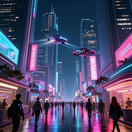 Neon-lit futuristic city street at night, featuring flying cars, glowing neon signs, and busy pedestrians. Digital artwork with vibrant, colorful lights and