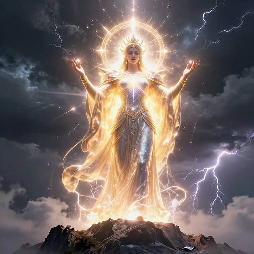 Digital artwork of a radiant, glowing goddess with a halo, standing on a rocky peak surrounded by lightning and dark clouds.