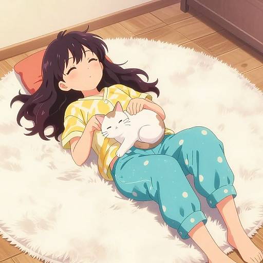 Anime-style digital drawing of a young girl with black hair, sleeping on a white rug, wearing a yellow shirt and blue polka-dot pants, holding