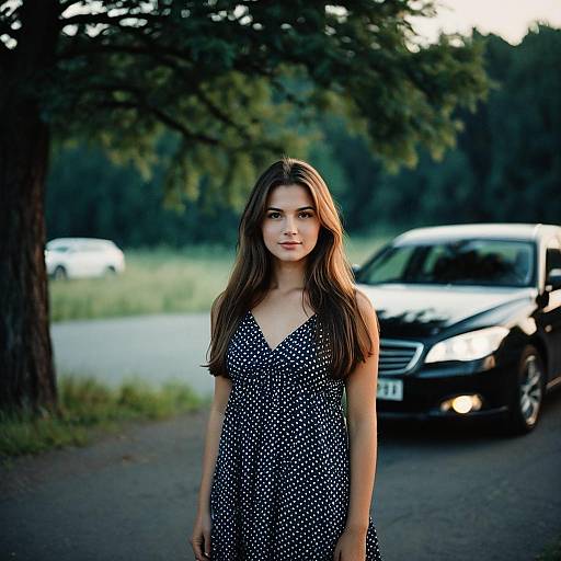 Young Woman in Polka Dot Dress Outdoors