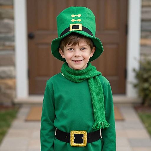 Photograph of a smiling young boy in a green leprechaun outfit with hat, scarf, and belt, standing on a porch.