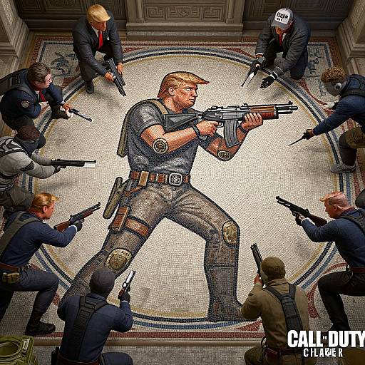 Digital artwork: Overhead view of a bearded man with a gun, surrounded by armed agents in suits, in a tiled room. 