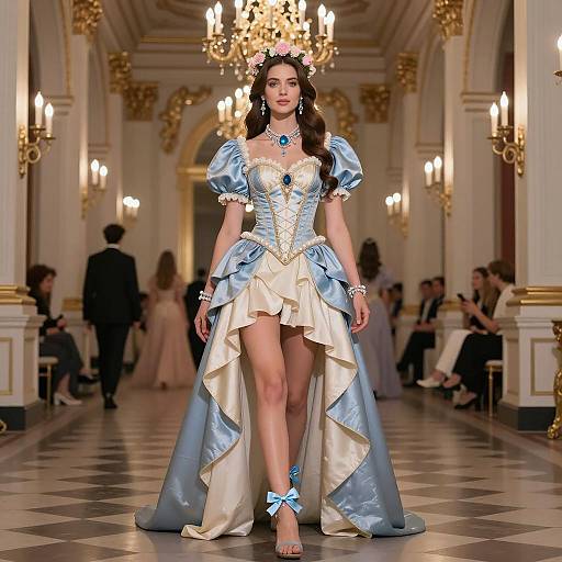 Fashion Model in Blue and Cream Fantasy Gown