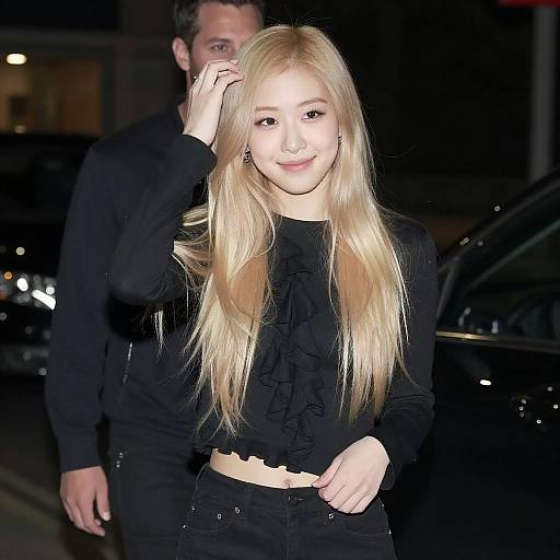 Smiling Blonde Woman in Black Outfit