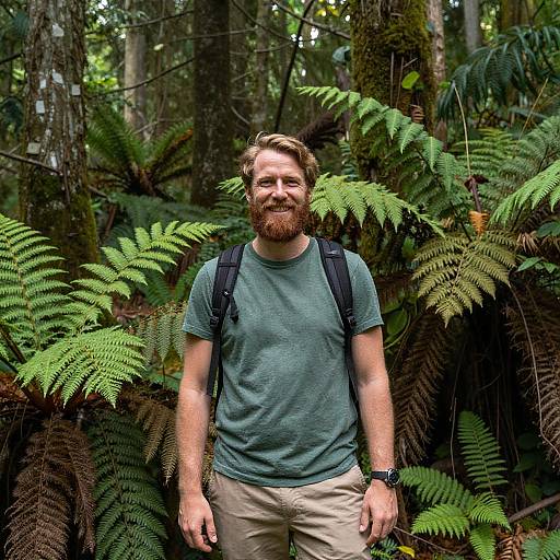 Photograph of a smiling bearded man with short brown hair, wearing a green t-shirt, beige pants, and black backpack, standing amidst lush green