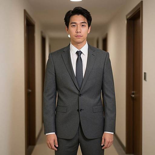 Photograph of an Asian man in a dark gray suit, white shirt, and black tie, standing in a brightly lit, narrow, beige hallway with