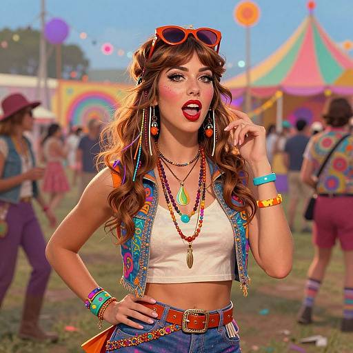 Digital artwork of a vibrant, retro-style woman with wavy brown hair, colorful vest, and red lipstick, at a lively outdoor festival.