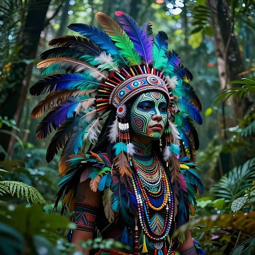 Photograph of a Native American man in vibrant feather headdress, colorful face paint, and bead necklaces, standing in a lush, green forest.