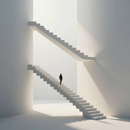 Minimalistic digital artwork of a solitary figure ascending a white, zigzagging staircase in a brightly lit, stark white room.