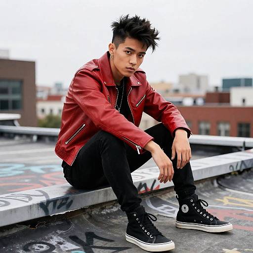 Rooftop Punk in Red Leather Jacket