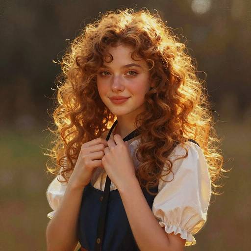 Photograph of a young woman with long, curly auburn hair illuminated by sunlight, wearing a white puffed-sleeve blouse and dark blue