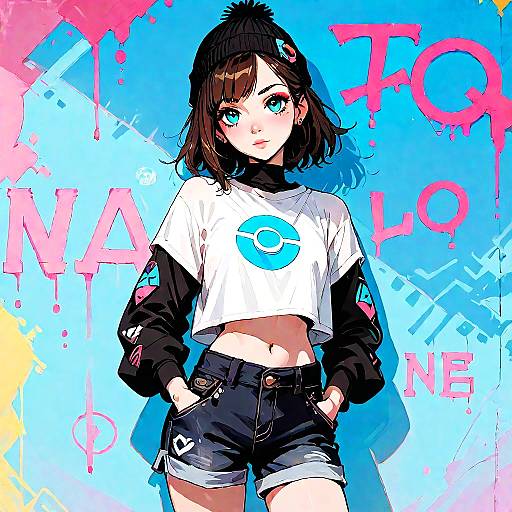 Sunlit Urban Anime Girl on Graffiti Wall